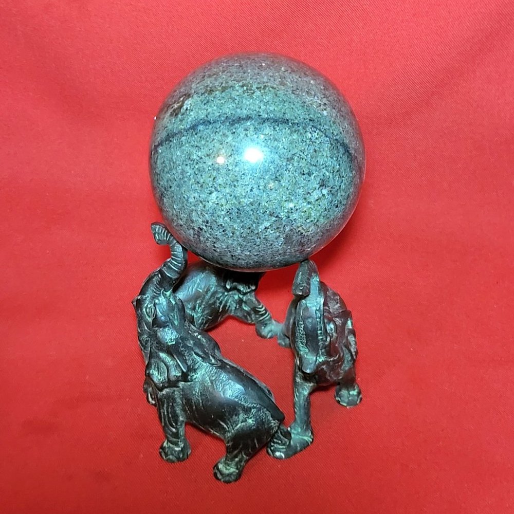 Vintage Brass Circle of Elephant Holding Carrying Marble Ball